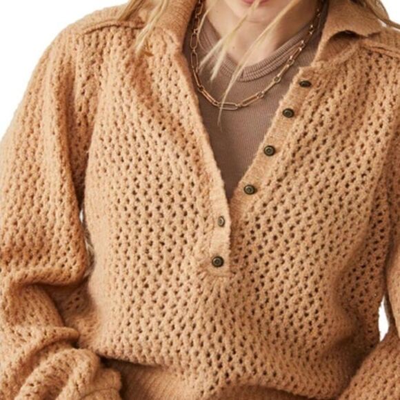 NWT Free People Snowdrift Pullover Camel Heather Ruffled Long Sleeve Collar Chic - Picture 5 of 16